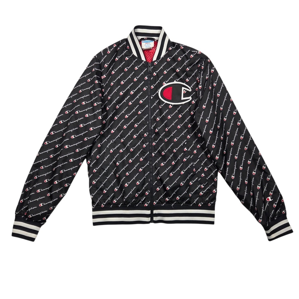 Vintage Champion Satin Bomber Jacket All Over Print Mesh Lined Mens Black Logo